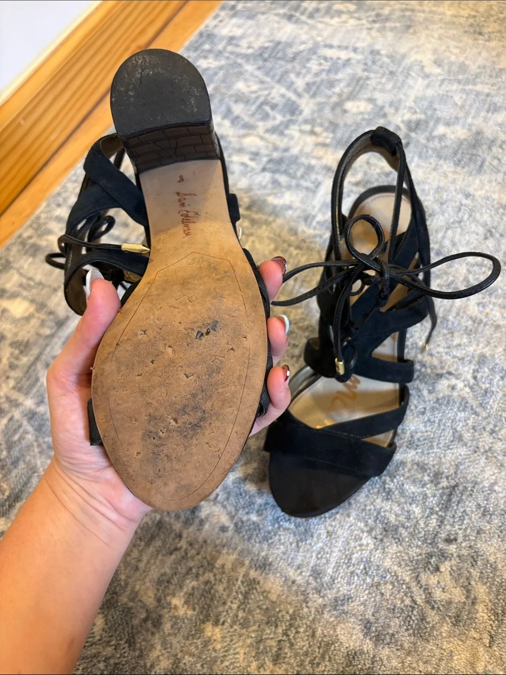 Sam Edelman Black Suede Lace-Up Block Heel Sandals